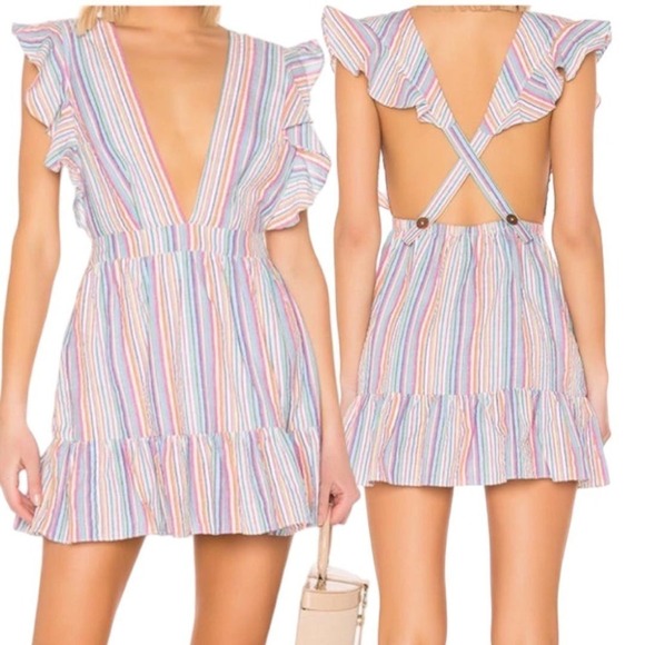 Majorelle Costello Multicolor plunging Ruffle rainbow Striped Crossback Dress L - Picture 3 of 16